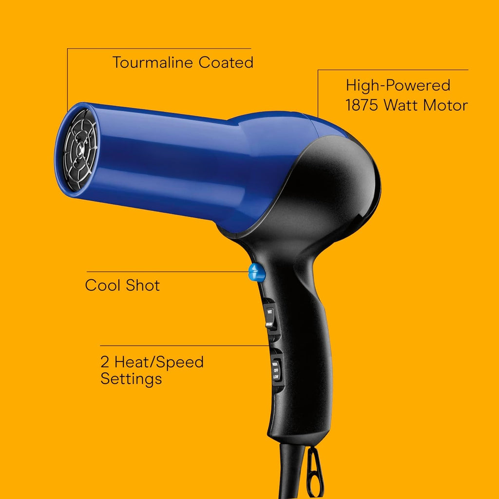Hair Dryer, 1875W Turbo Blow Dryer with Tourmaline Coating and Ionic Conditioning, Includes Diffuser and Concentrator Attachments, 2 Heat & 2 Speed Settings