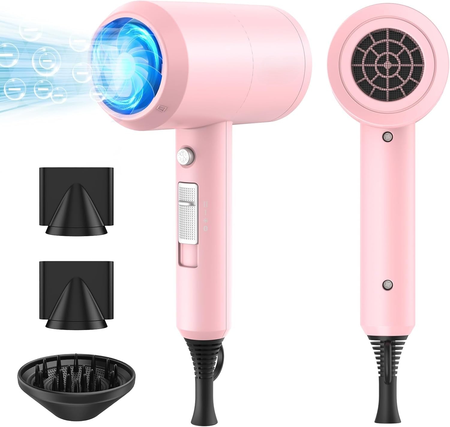 Professional Ionic Hair Dryer, Powerful 1800W Fast Drying Low Noise Blow Dryer with 2 Concentrator Nozzle 1 Diffuser Attachments for Home Salon Travel