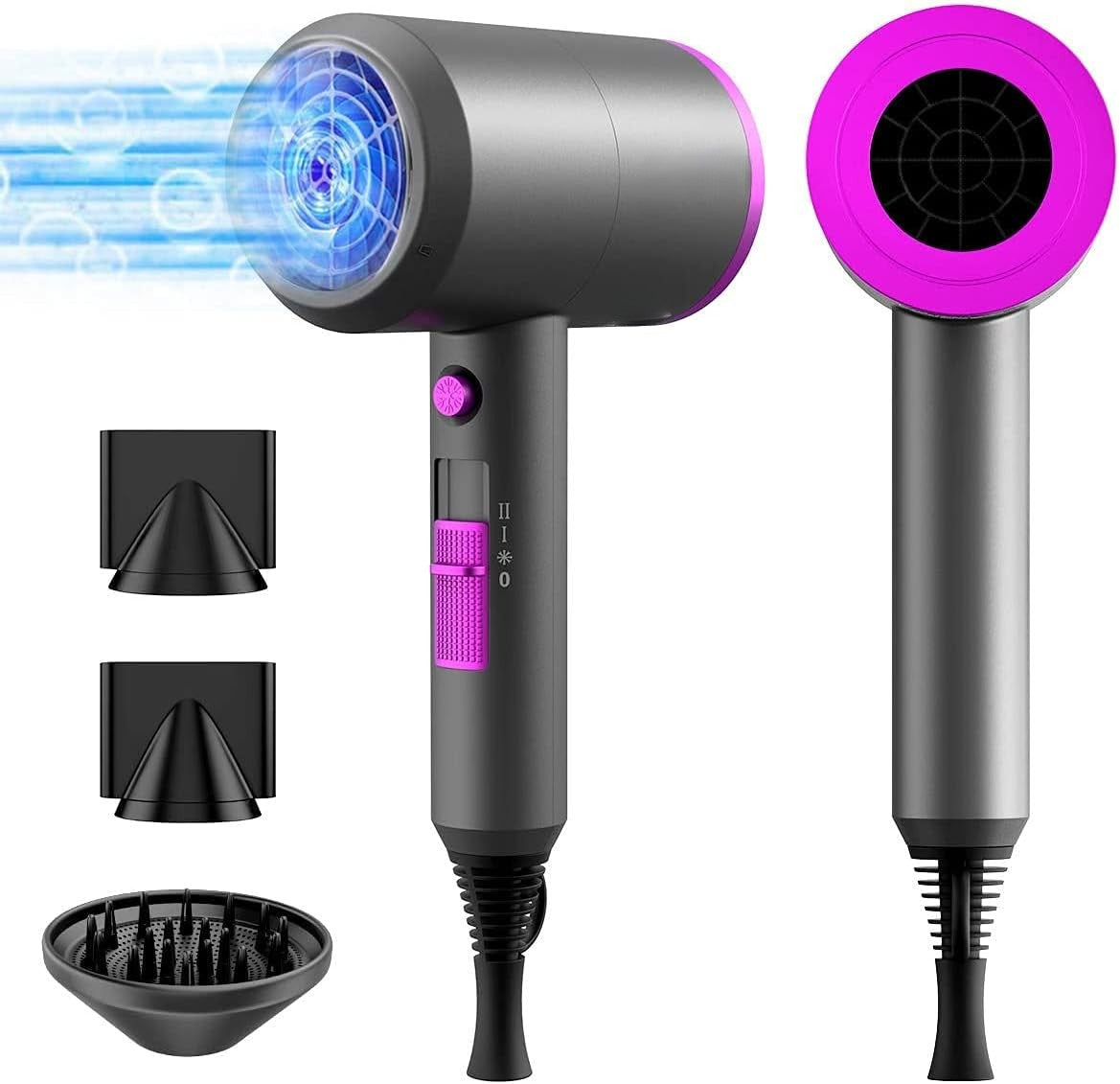 Professional Ionic Hair Dryer, Powerful 1800W Fast Drying Low Noise Blow Dryer with 2 Concentrator Nozzle 1 Diffuser Attachments for Home Salon Travel