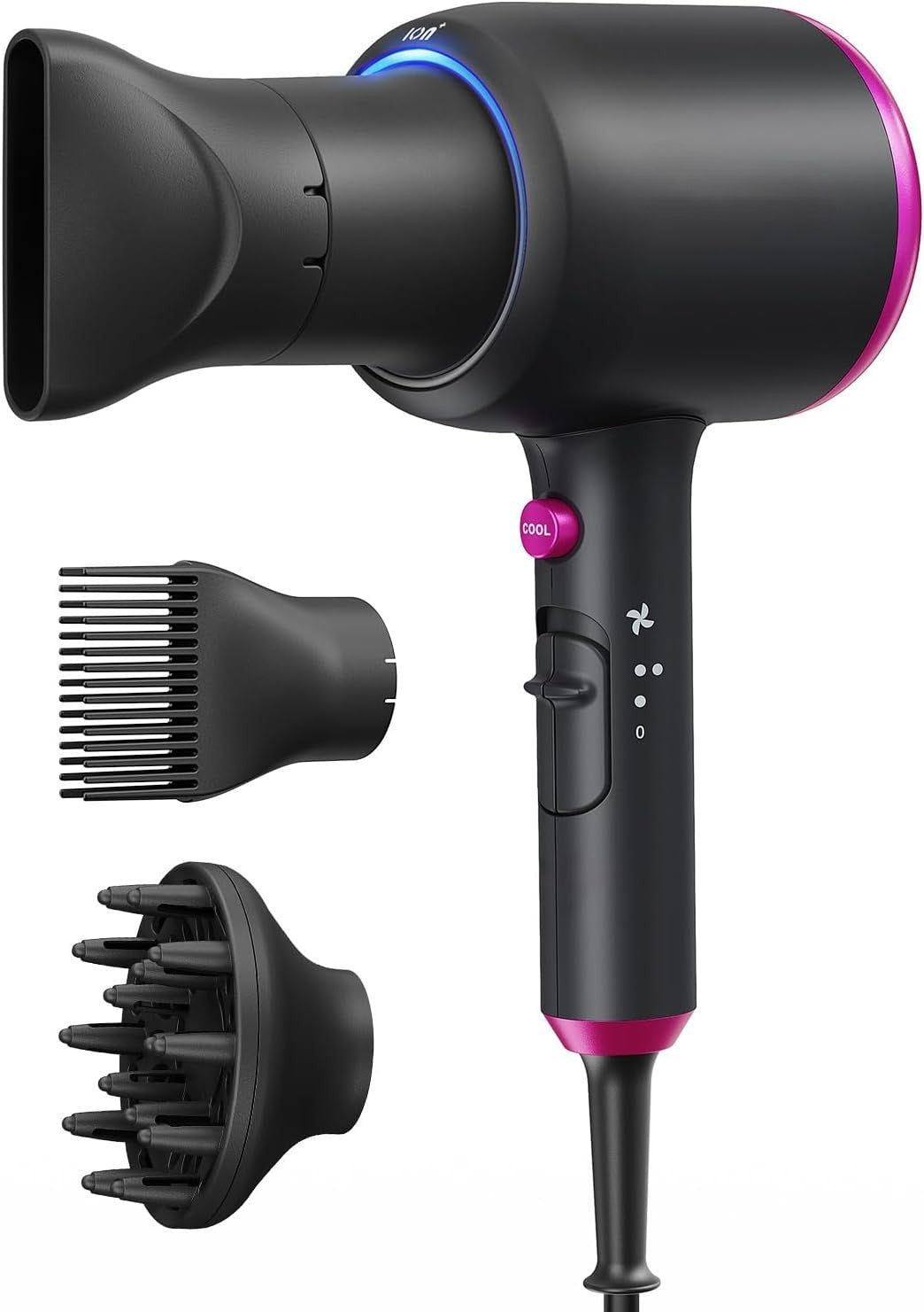Hair Dryer with Diffuser, 1875W Ionic Blow Dryer for Women - 3 Attachments, Small Curling Wand for Short & Long Hair