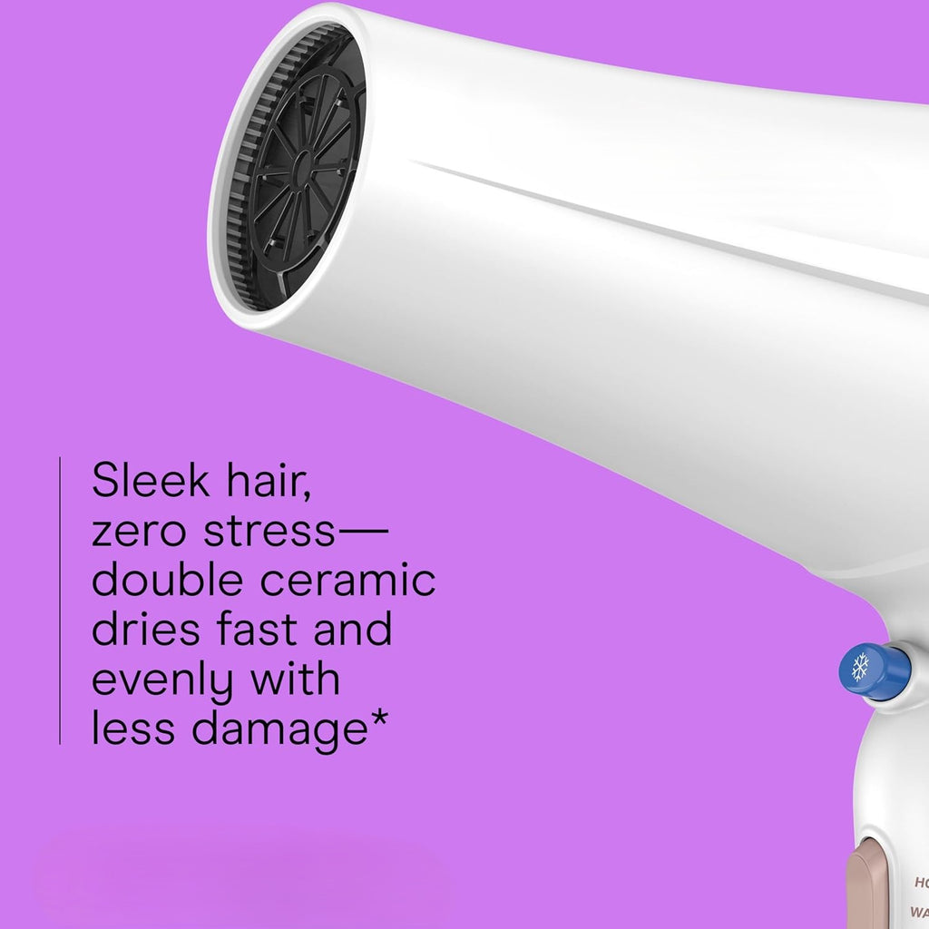 Double Ceramic Travel Dryer with Concentrator & Folding Handle, 1875W Travel Blow Dryer with Smart Voltage Technology, Ionic Conditioning Fights Frizz, 3 Heat & 2 Speed Settings